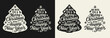 © Pyromaster - Bold hand-lettered phrase 'We wish you a Merry Christmas and Happy New Year' stacked to form a Christmas tree shape, surrounded by snowflakes and bells. Black and white flat vector.