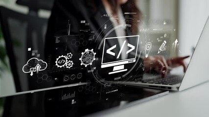 Modern web development concept featuring coding symbols, web development process, web development interface, and web development tools with futuristic design. Muxer