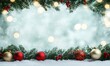 © VictoriaEmerson - Christmas ornaments and fir tree branches are creating a frame on a snowy background with bokeh lights, perfect for holiday greetings