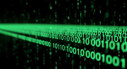 green binary code flowing in digital stream on black background