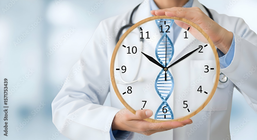A doctor holding a clock with a dna strand in the middle symbolizing ...