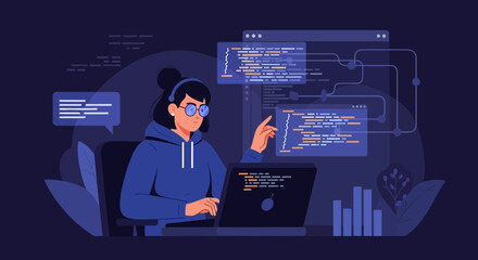 Focused Female Coder Developing Software On Laptop At Night Illustration