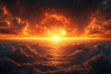 Wall Mural - A fiery celestial body shines brightly, illuminating a dramatic sky filled with orange clouds above a sea of clouds.