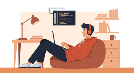 Creative Professional Enjoying Comfortable Home Setup While Working On Computer