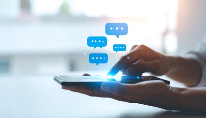 Person using a tablet with chat bubbles