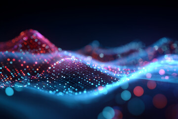 Wall Mural - abstract digital wave landscape with glowing blue and red connected nodes and network grid on dark b
