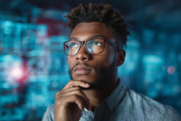 young african american man wearing glasses thoughtfully looking up with abstract digital data backgr