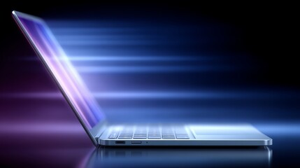 Laptop is open on a table with a blue background. The laptop screen is lit up and the image is blurry