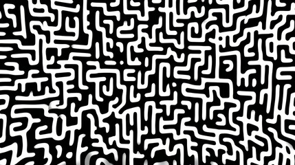 Maze of white lines and black squares. The maze is very intricate and has many twists and turns. The lines and squares are all different sizes and shapes, creating a sense of depth
