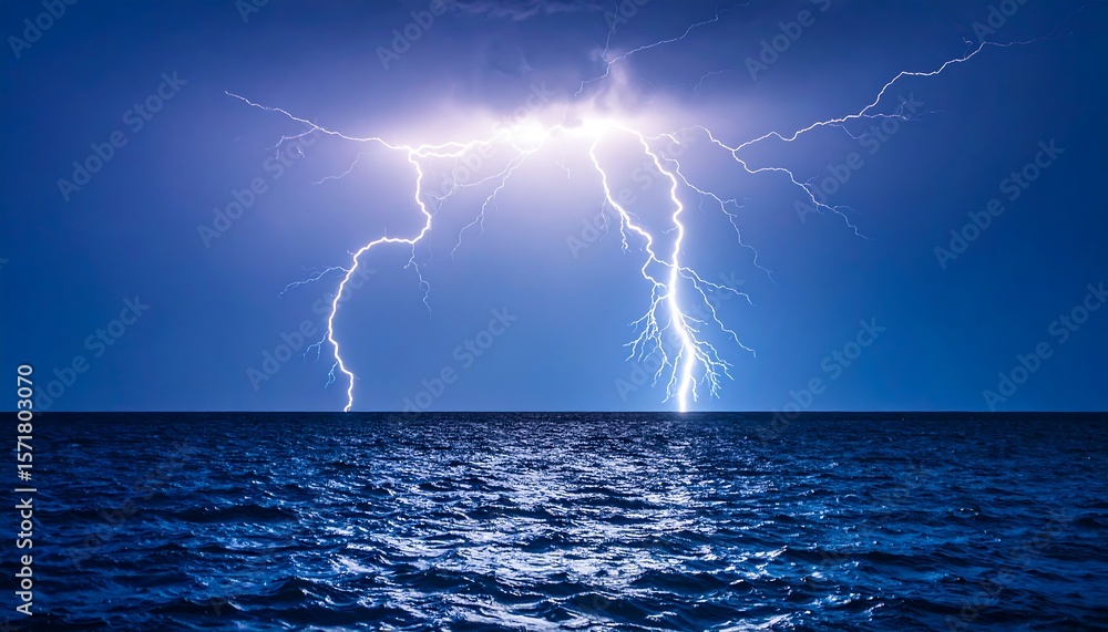 Powerful lightning strikes over dark ocean Stock Photo | Adobe Stock
