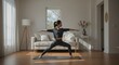 © kaab zaelani - A woman practices yoga indoors, demonstrating a warrior pose with arms outstretched.