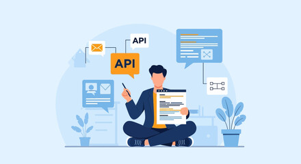 Api Integration Showing Developer Sitting And Holding Coding Sheet, Connecting Software