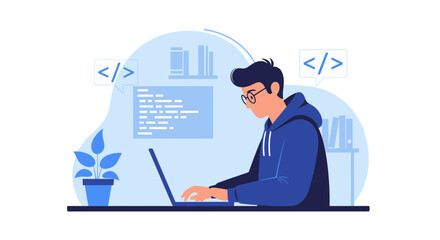 Dedicated Coder Working On Laptop Developing Software At Home Or Workplace