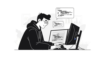 concentrated programmer working on multiple computer screens at his desk