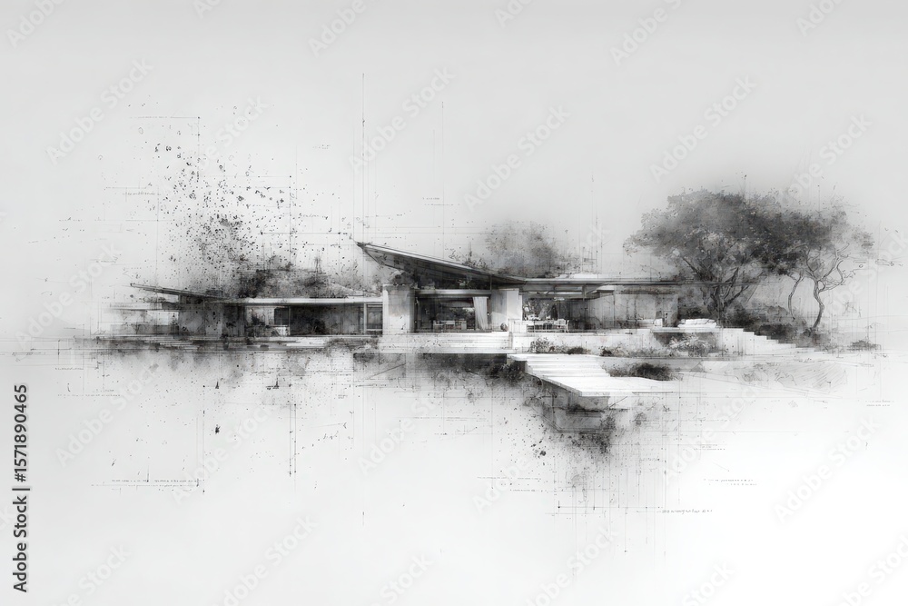 This artistic rendering showcases a contemporary house featuring sleek lines and innovative architecture. Surrounded by minimal landscaping, the design reflects a blend of nature and modern living.