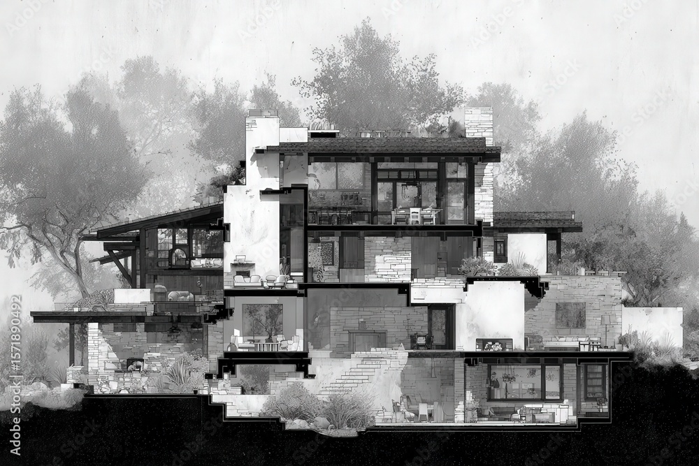 This modern residence features a unique multi-level design nestled among trees. Large windows provide views and natural light, showcasing an open floor plan with outdoor spaces for relaxation.