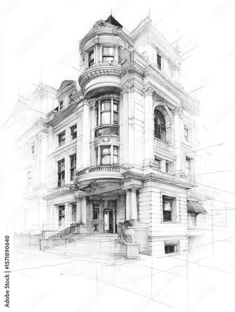 A beautifully designed historical building with intricate details. The artwork emphasizes the elegant architecture and refined features, set in a lively urban backdrop.