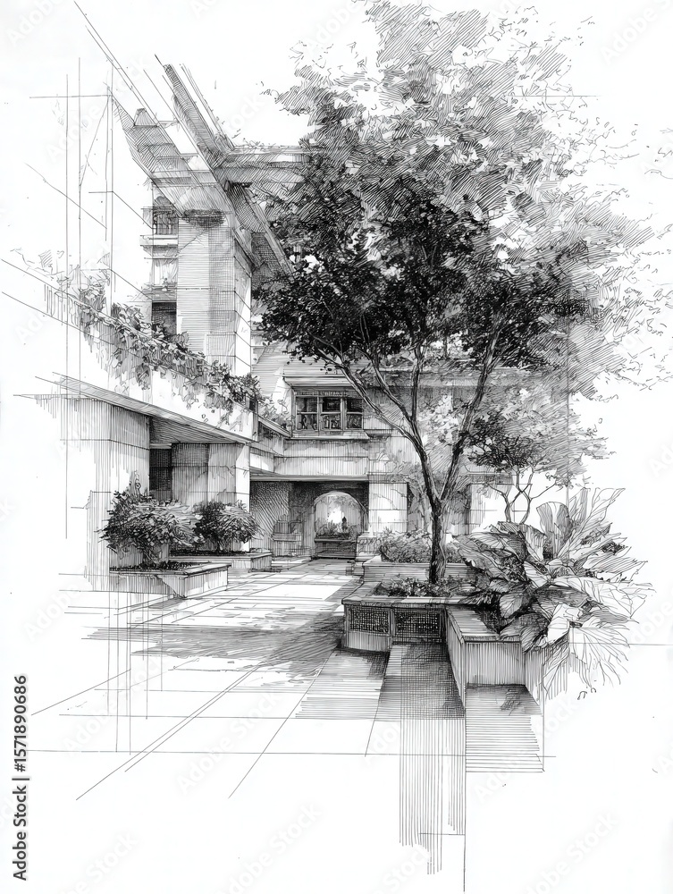 This detailed sketch depicts a serene courtyard within a modern architectural structure. Lush trees and large planters add a vibrant touch to the concrete design, inviting tranquility.