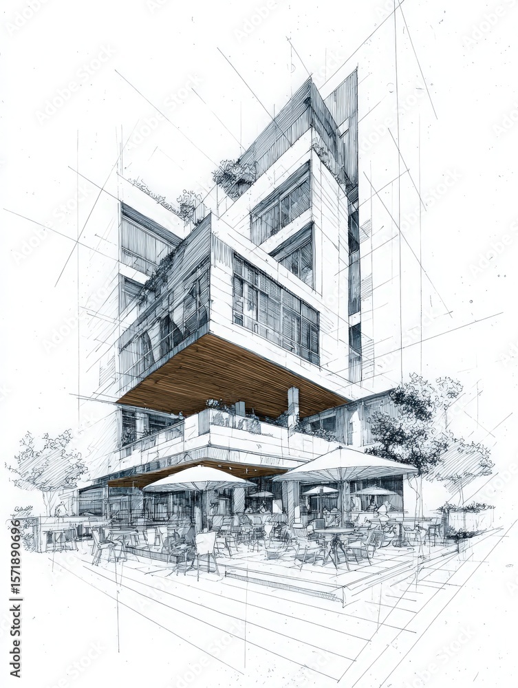 A contemporary building design showcases an artistic mix of shapes and levels, with shaded outdoor seating.