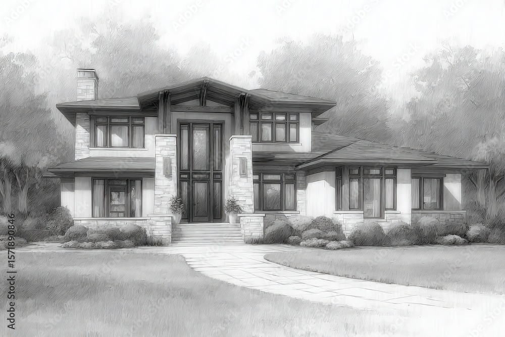 A striking modern house showcases a blend of stone and wood elements. Surrounded by lush greenery, it features a spacious entrance and stylish architectural details for a contemporary feel.