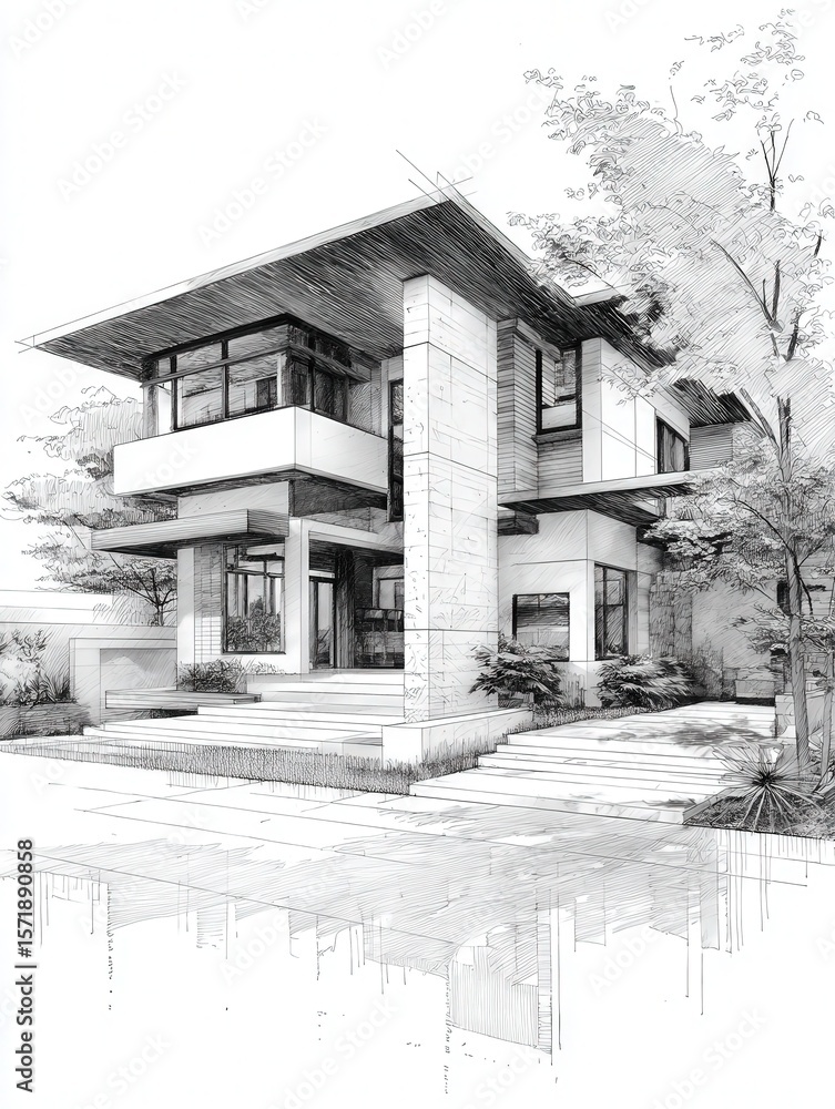 The drawing depicts a modern house with a unique design, featuring clean lines, large windows, and a mixture of materials. Surrounding greenery adds to the aesthetic appeal of the structure.