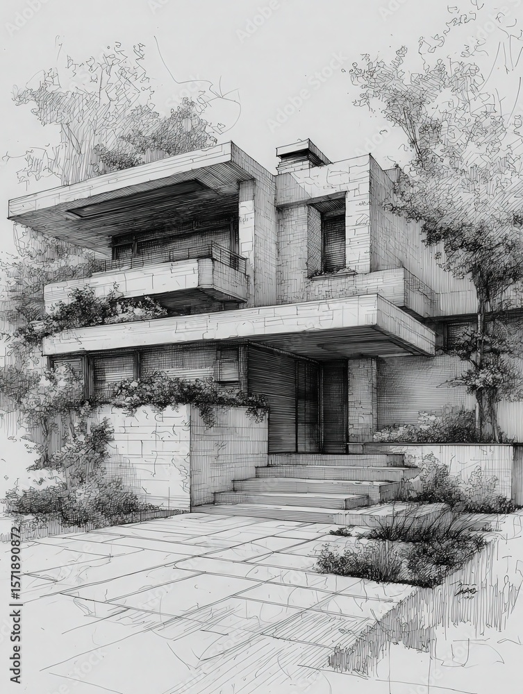 A detailed architectural sketch showcases a contemporary house design featuring multiple levels, large balconies, and a clean stone facade. Surrounding greenery adds to the elegant atmosphere.
