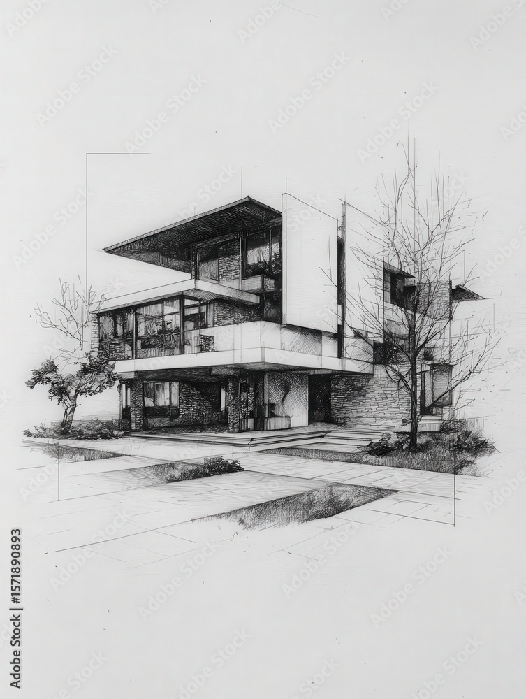 A detailed sketch of a modern building featuring sharp lines and geometric shapes. The structure has multiple levels and large windows, surrounded by minimal landscaping.