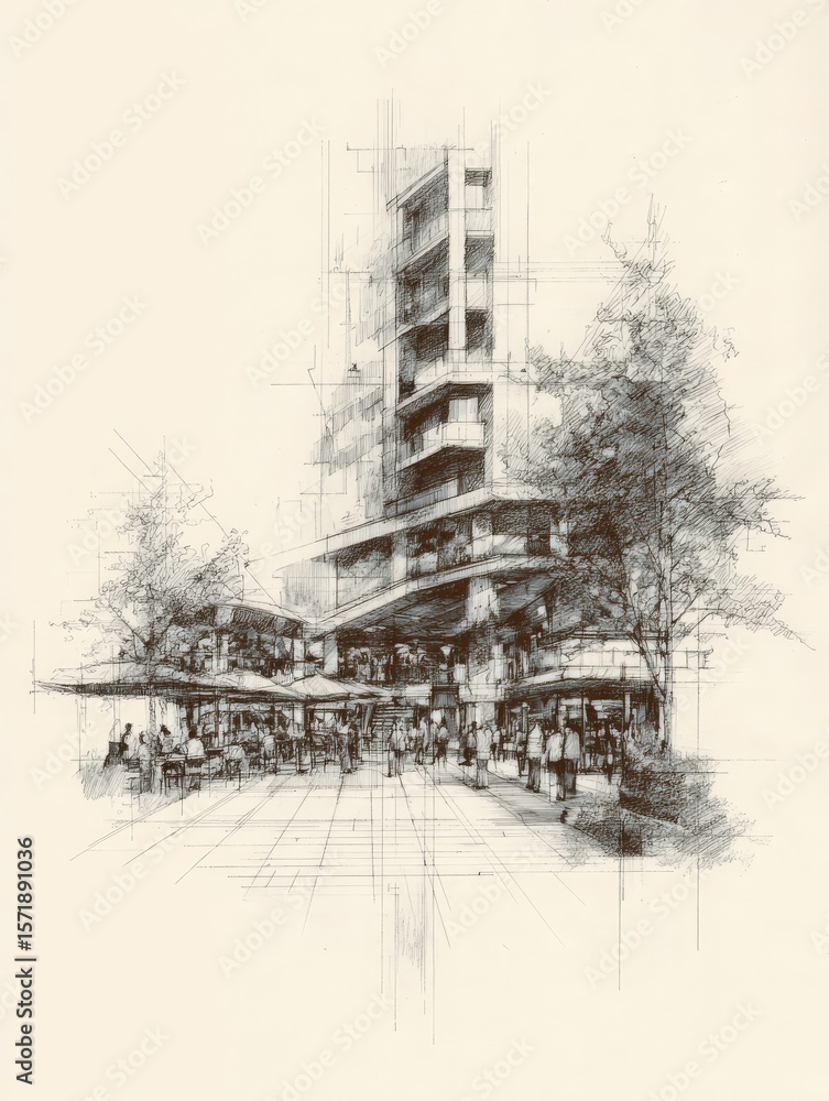 This artwork portrays a contemporary building with a striking design, surrounded by outdoor seating areas filled with people. Lush trees add greenery to the scene, enhancing the lively atmosphere.