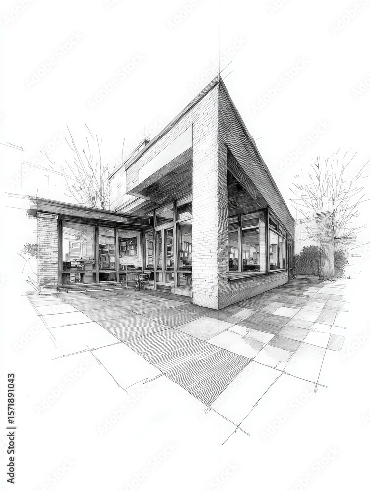 A detailed drawing showcases a modern building design featuring expansive glass windows, a spacious terrace, and an inviting outdoor area.