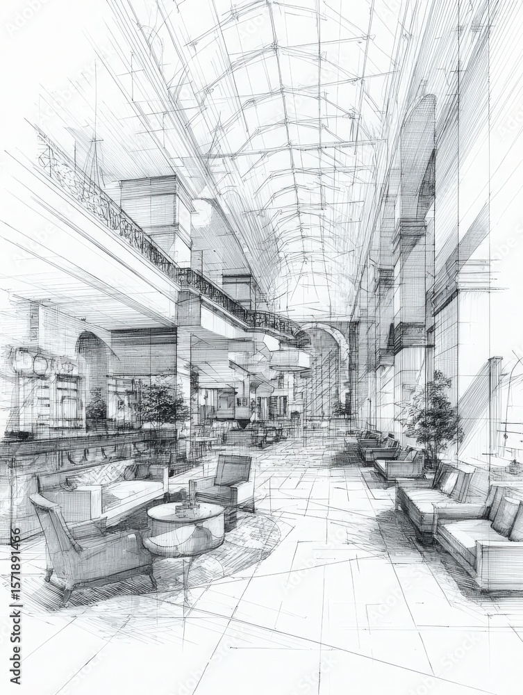 A detailed sketch showcases a spacious lobby with tall ceilings, large windows, and stylish furniture placements. The design features plants, reception area, and a welcoming ambiance.
