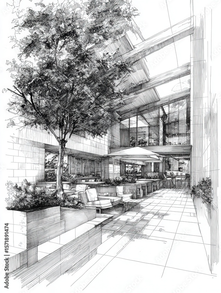 A detailed sketch depicts a contemporary outdoor space with large windows and greenery. Sunlight filters through the structure, creating an inviting atmosphere for relaxation and gathering.