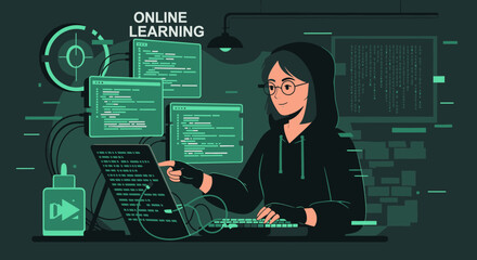 Female Coder Developing Software Via Internet Technology For Online Learning Concept