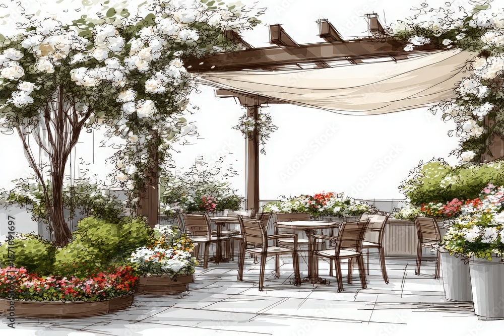 A charming rooftop garden features wooden seating surrounded by colorful blooming flowers. The sun casts a warm glow on the serene outdoor space, ideal for relaxation and gatherings.