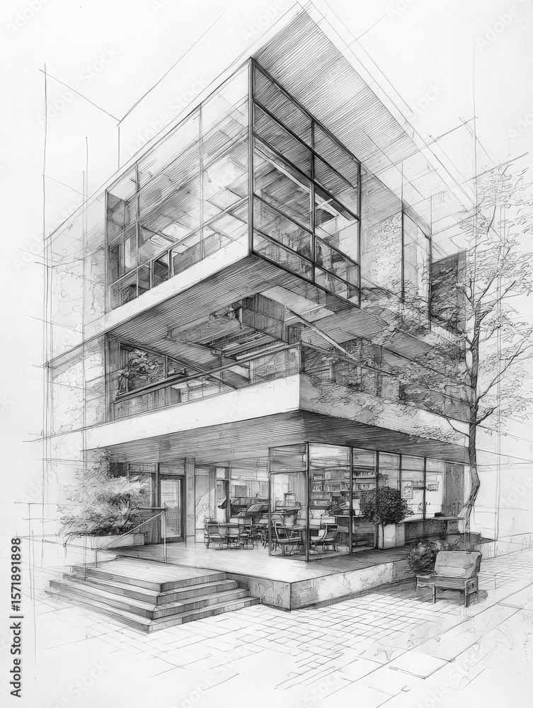 A striking architectural sketch showcases a modern building with extensive glass facades.