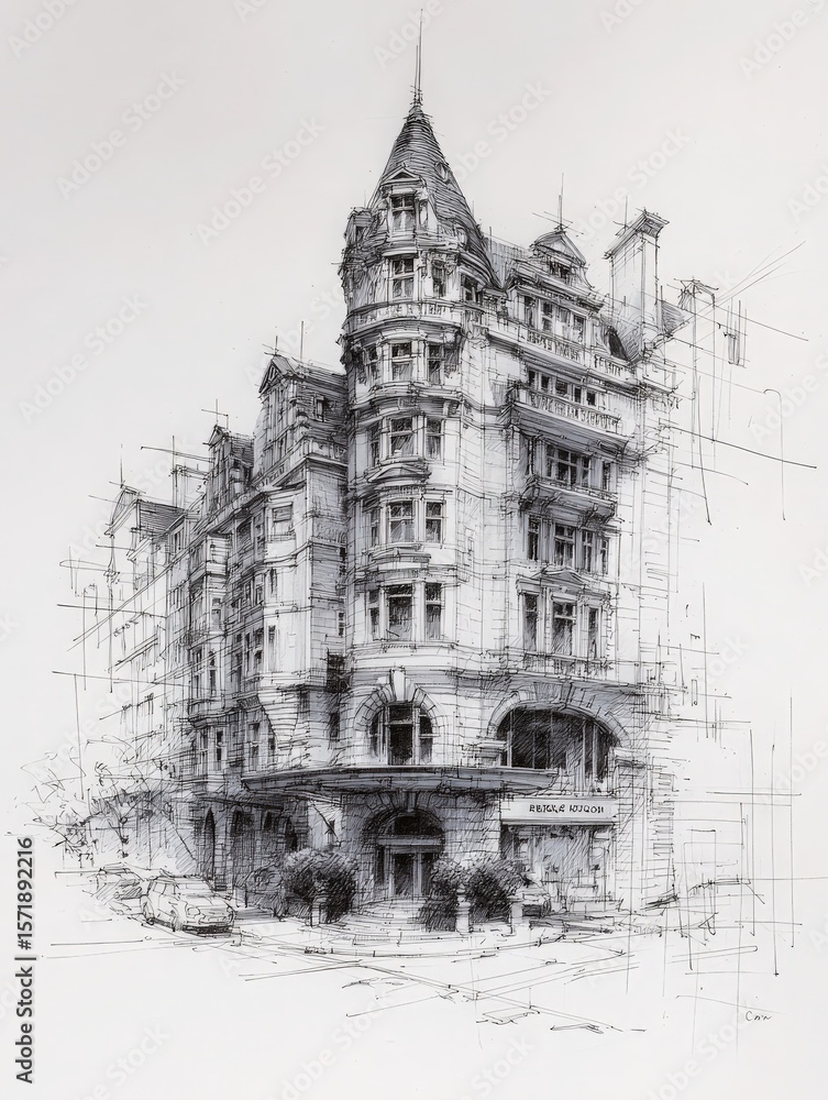 An intricate architectural sketch depicts a historic building with ornate details, set in a bustling urban area. The design showcases the blend of classic style with modern elements.