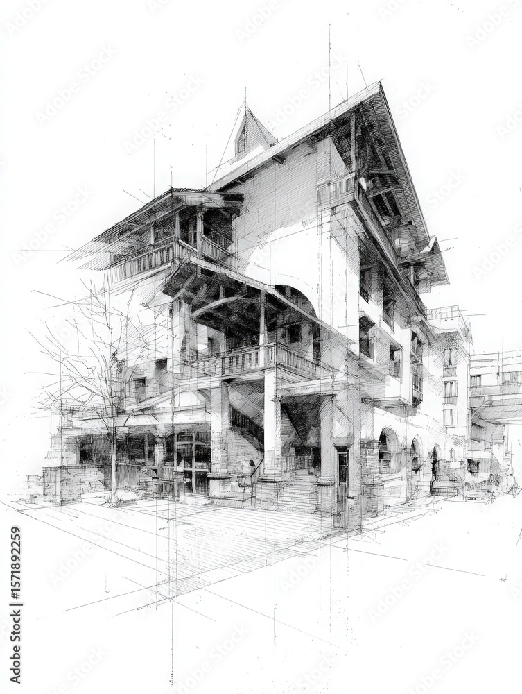 Architectural sketch presents a unique building design with multiple levels, large balconies, and detailed structural elements. The sketch captures various angles and provides a sense of depth.