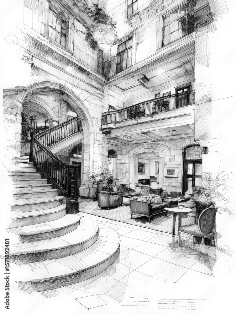This setting showcases a beautiful atrium featuring an elegant staircase, soft seating arrangements, and natural light cascading through tall windows, creating a warm ambiance.