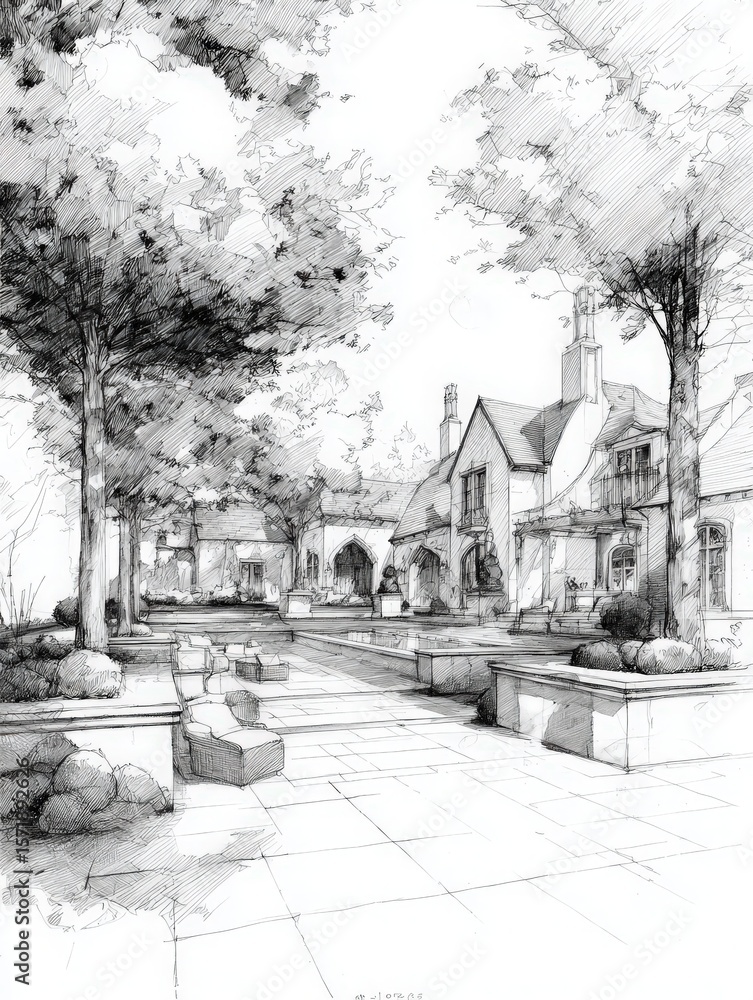 A charming courtyard showcases well-maintained trees and inviting benches. Elegant buildings with traditional architecture surround the space, creating a peaceful atmosphere ideal for relaxation.