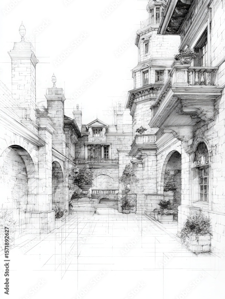 A detailed architectural sketch showcases a grand courtyard within a historic mansion. The design features elegant arches, towers, and ornamental balconies, creating a stunning visual perspective.
