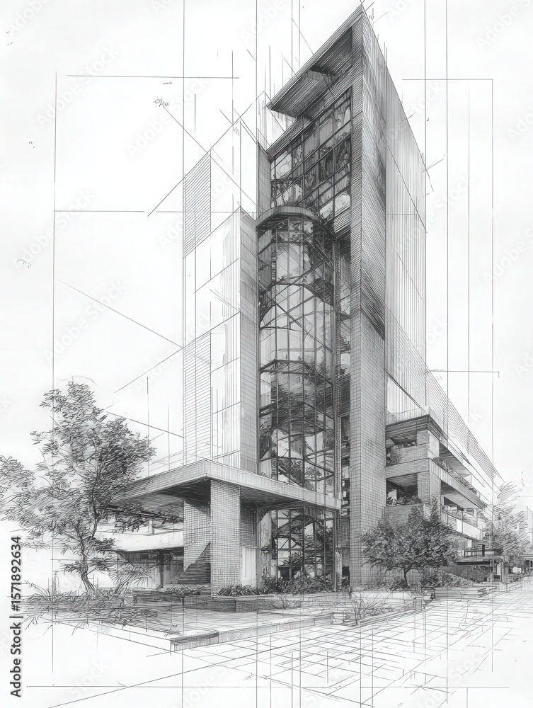 A detailed architectural sketch presents a tall, contemporary structure featuring large glass windows and unique angles.