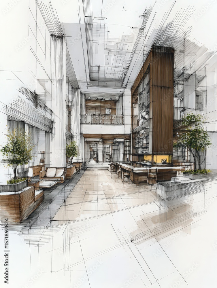 This detailed architectural sketch showcases a modern lobby interior filled with natural light. Wood accents, contemporary furniture, and greenery create an inviting atmosphere in this spacious area.