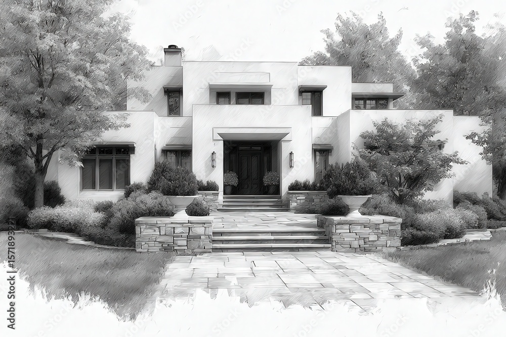 A contemporary house showcases clean lines and geometric shapes, surrounded by lush greenery and well-maintained landscaping. The entryway features a set of stairs leading to a welcoming door.