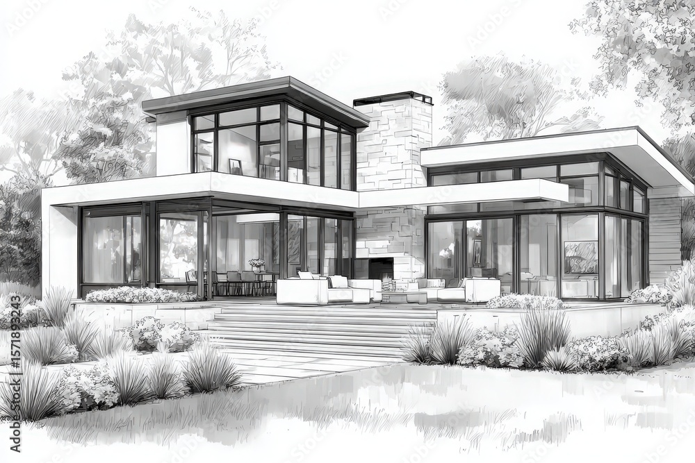 A contemporary house showcases large glass windows, clean lines, and a stylish outdoor area surrounded by greenery. This architectural design emphasizes natural light and open spaces.