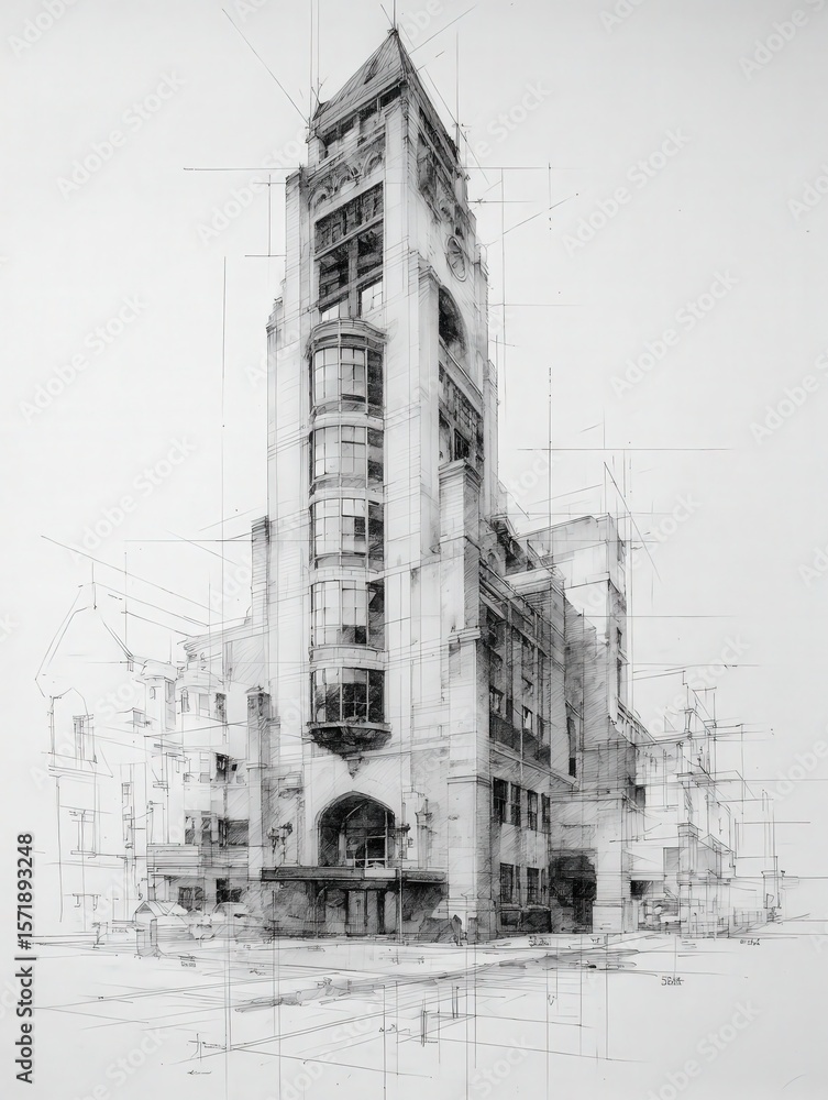 An intricate architectural drawing showcases a historic building in a bustling urban environment. The structure features unique lines and detailed elements, highlighting its grandeur and design.