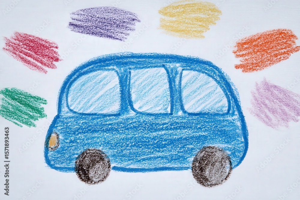 A blue bus is illustrated using crayons, surrounded by vibrant pastel colors. The artwork showcases a childs creativity and imaginative use of colors, perfect for a school project.