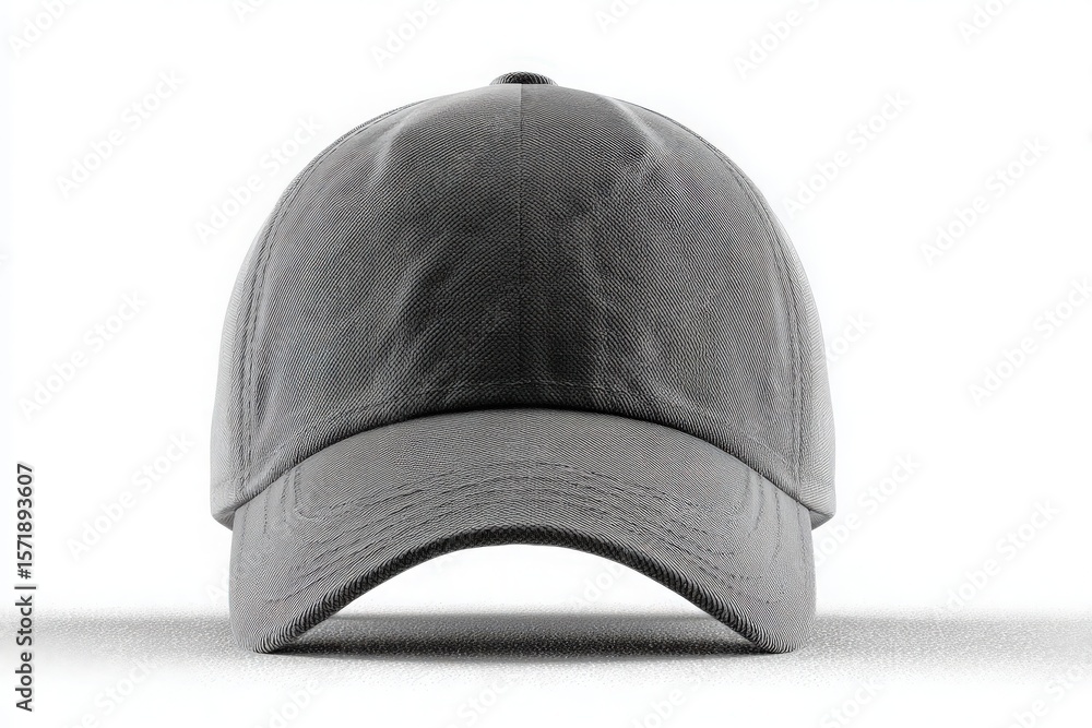 A gray cap is centered on a neutral backdrop, showcasing its sleek design and curved brim. This accessory is ideal for adding style to casual outfits while offering sun protection.