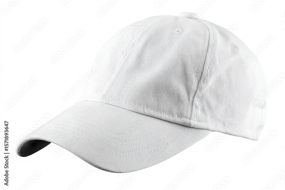 A white baseball cap is shown at an angle, highlighting its smooth fabric and structured form. The cap is designed with a classic shape, suitable for casual wear or outdoor activities.