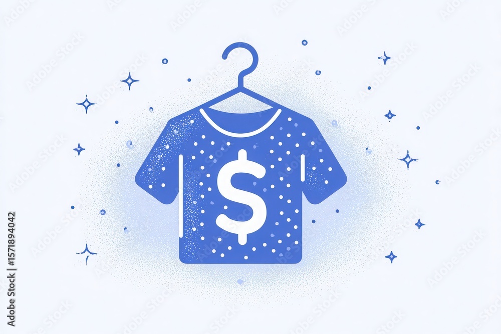 A t-shirt design hangs on a hook, prominently displaying a dollar sign in the center. The t-shirt is surrounded by a sparkly, blue background, creating a vibrant and eye-catching look.