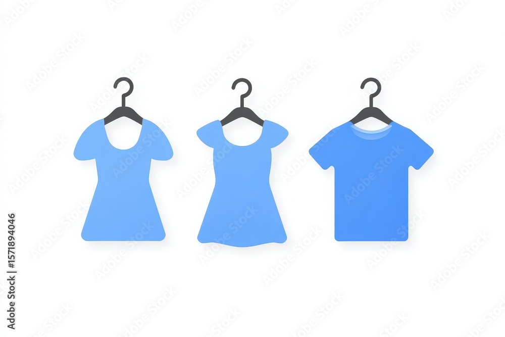 Three clothing designs in shades of blue are hanging on black hooks. The collection features two dresses and one t-shirt, showcasing a trendy summer style ideal for casual outings.