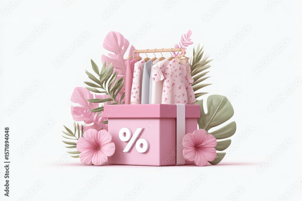 A vibrant pink gift box displays neatly arranged clothing items hanging from a wooden rack. Surrounding the box are tropical leaves and flowers, highlighting a festive sale atmosphere.